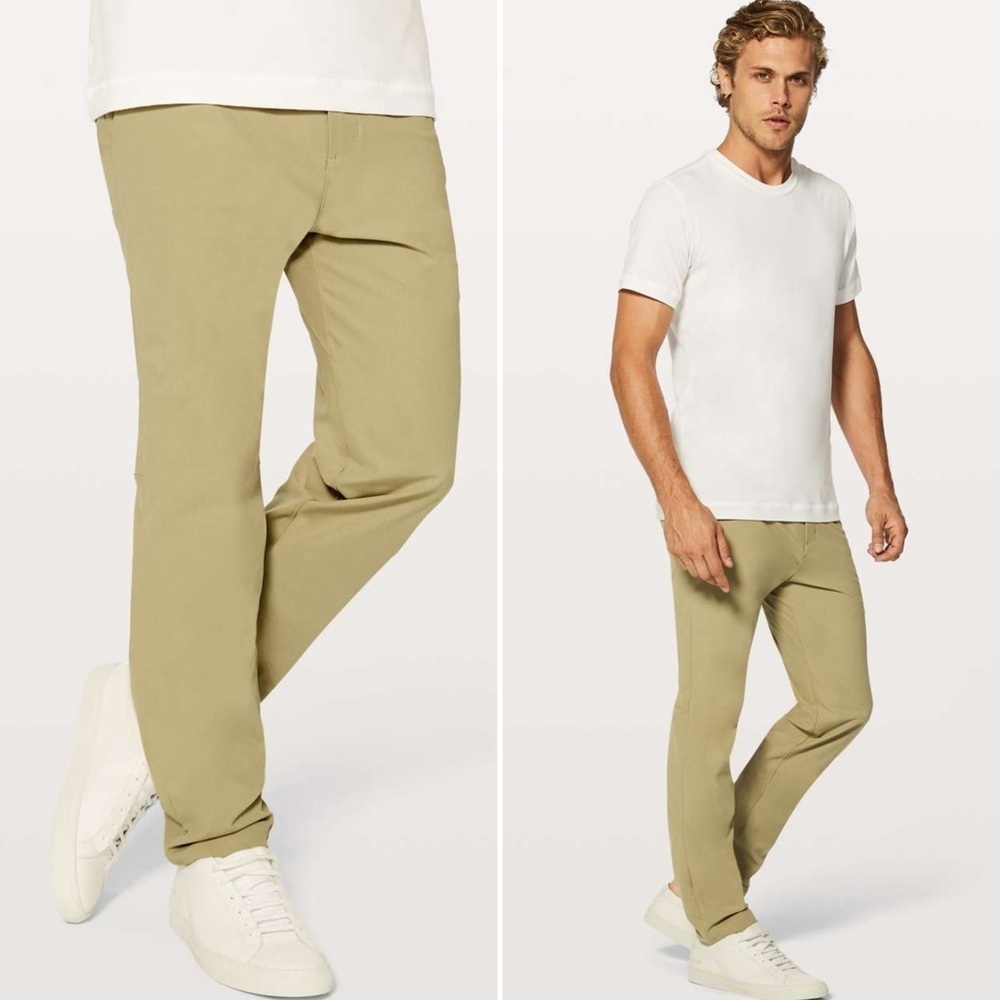 Lululemon Khaki Commission Slim Warpstreme 34" Pants with Pockets Men’s Size 34